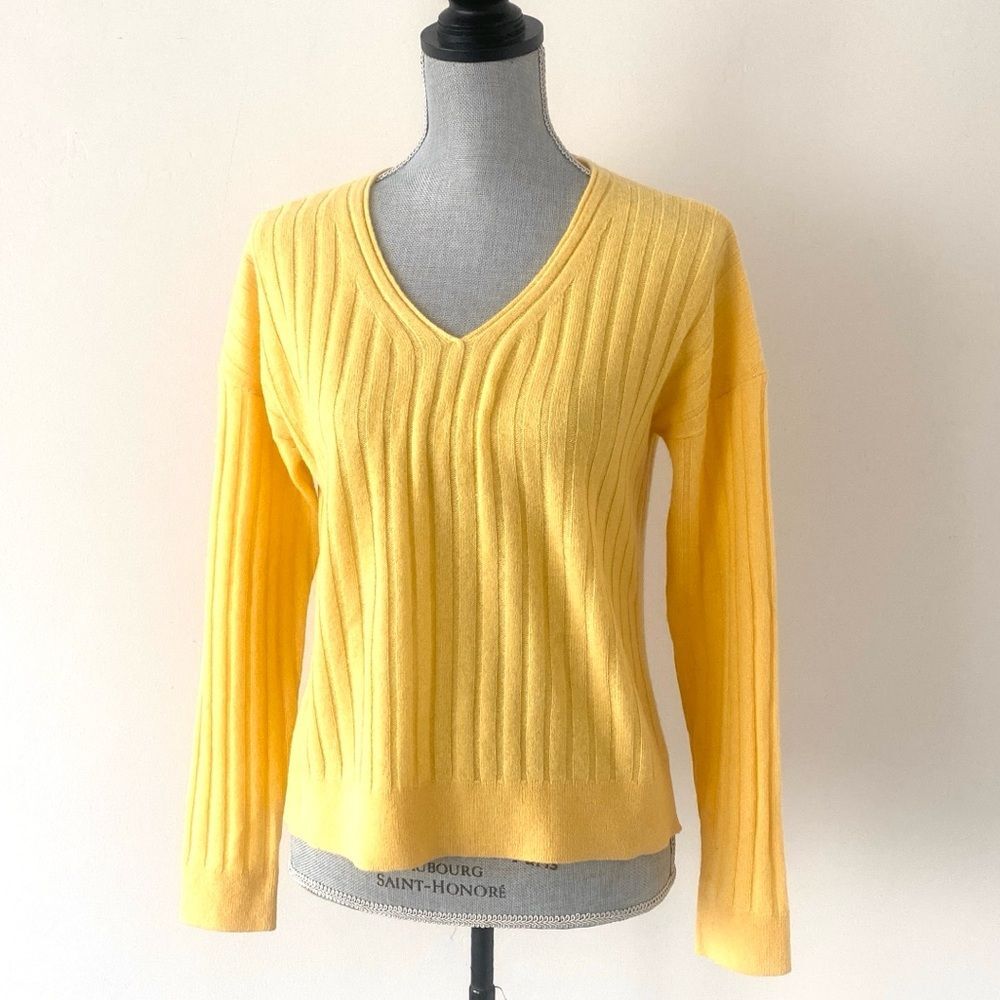 Forte Cashmere Citrus Yellow V-Neck Ribbed Sweater Sz S Luxual Preppy Chic
